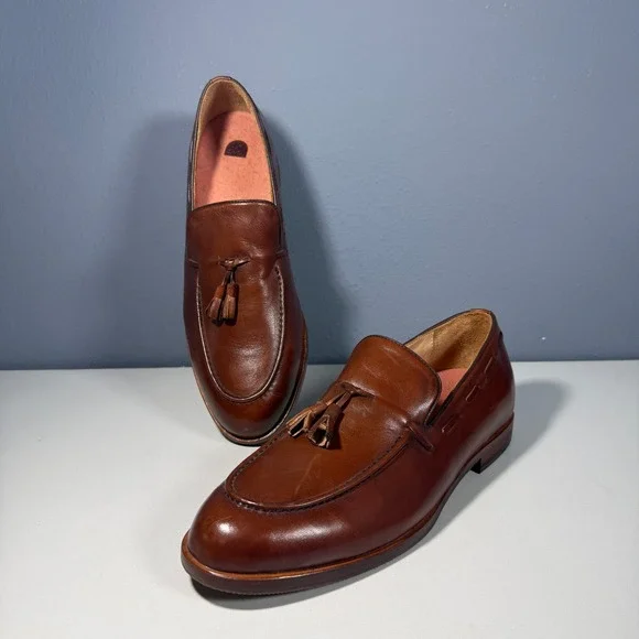 Elanroman Mens Brown Leather Tassel Loafers Apron Toe Shoes Size 46(12.5-13)
